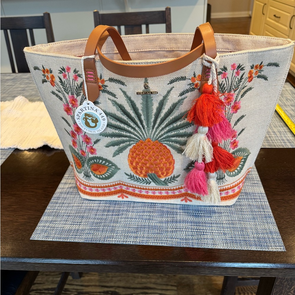 Spartina 449 Cream Tote with Orange and Pink Pineapple Embroidery